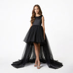 Kız Çocuk Siyah Asimetrik Kesim Kuyruklu Tül Abiye Elbise