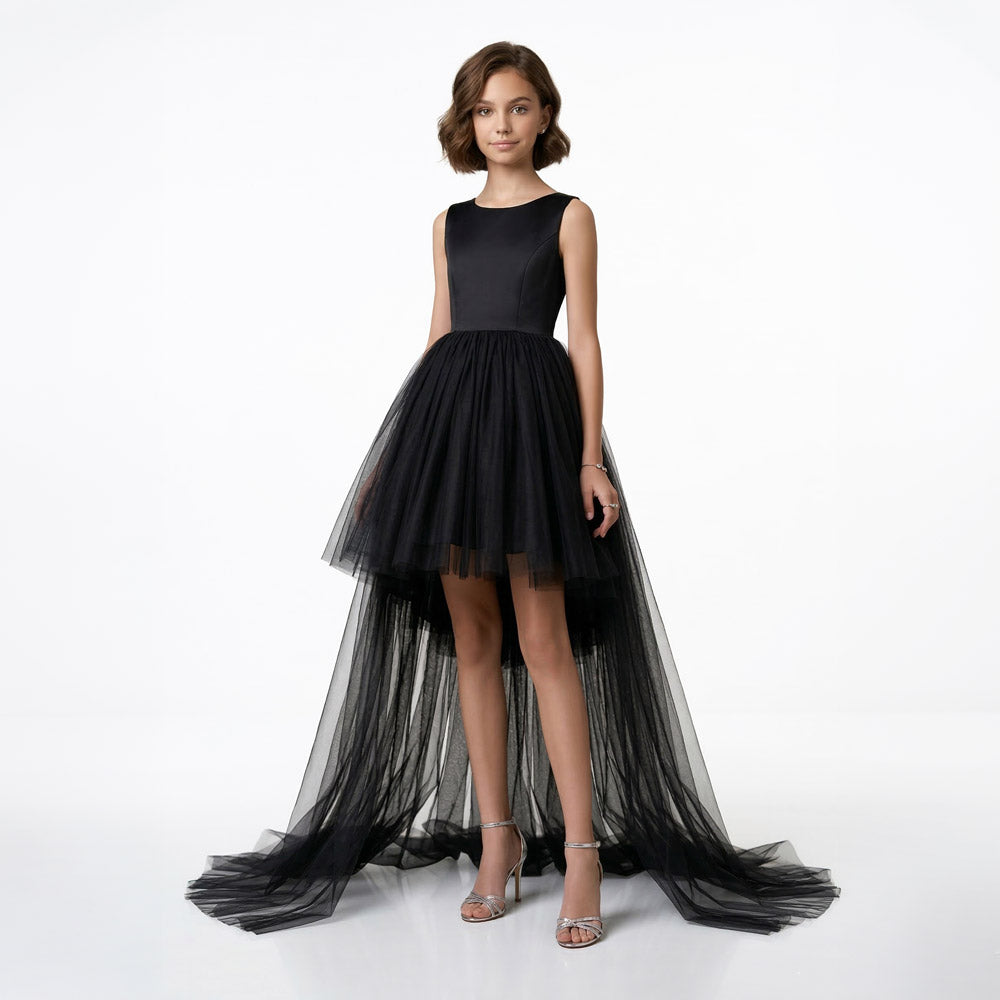 Kız Çocuk Siyah Asimetrik Kesim Kuyruklu Tül Abiye Elbise 24364
