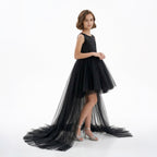 Kız Çocuk Siyah Asimetrik Kesim Kuyruklu Tül Abiye Elbise