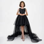 Kız Çocuk Siyah Asimetrik Kesim Kuyruklu Tül Abiye Elbise 24364