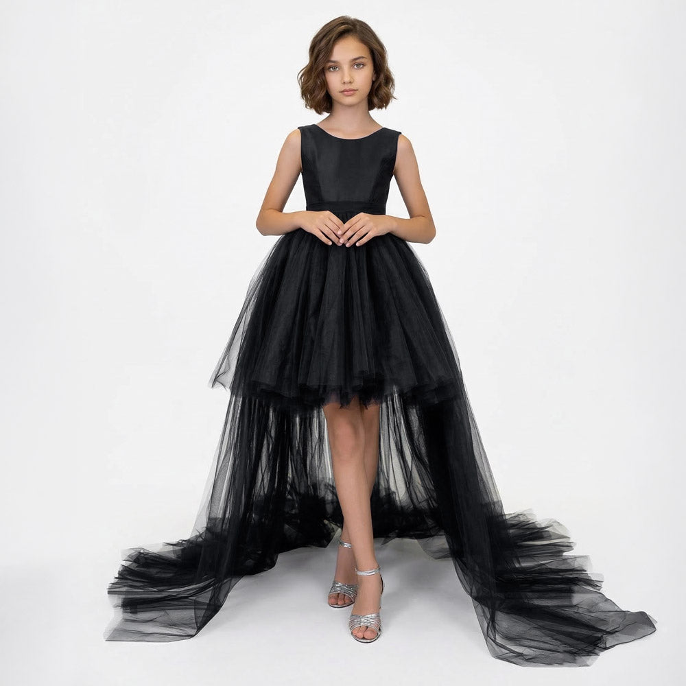 Kız Çocuk Siyah Asimetrik Kesim Kuyruklu Tül Abiye Elbise 24364