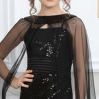 Kız Çocuk Siyah Payet İşlemeli ve Çıkabilir Tül Kuyruklu Mezuniyet Elbisesi 83928