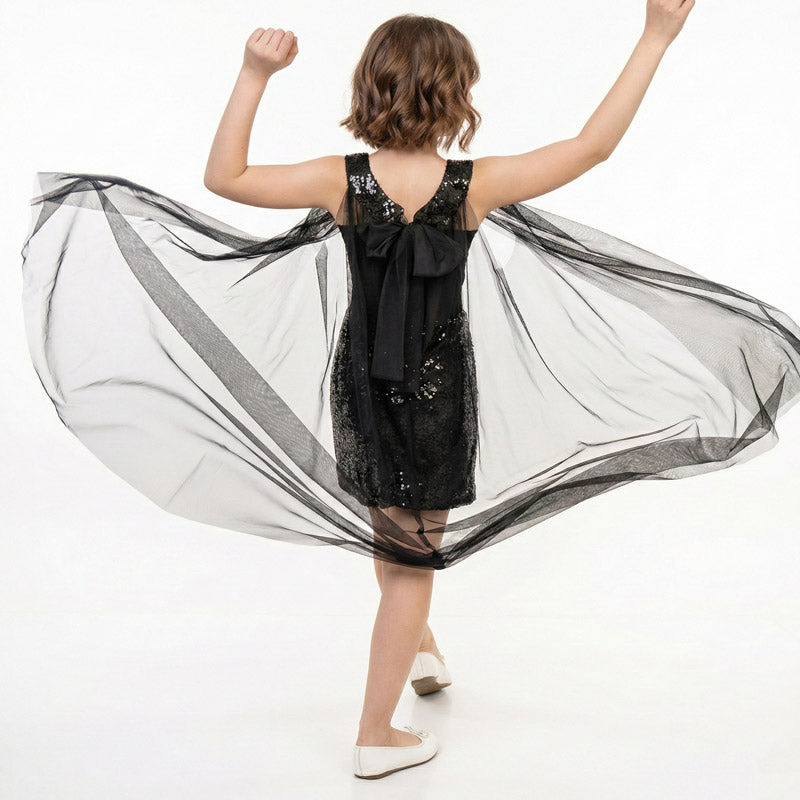 Kız Çocuk Siyah Payet İşlemeli ve Çıkabilir Tül Kuyruklu Mezuniyet Elbisesi 83928