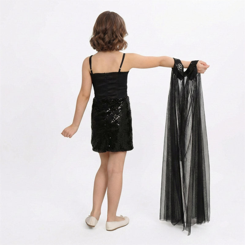 Kız Çocuk Siyah Payet İşlemeli ve Çıkabilir Tül Kuyruklu Mezuniyet Elbisesi 83928