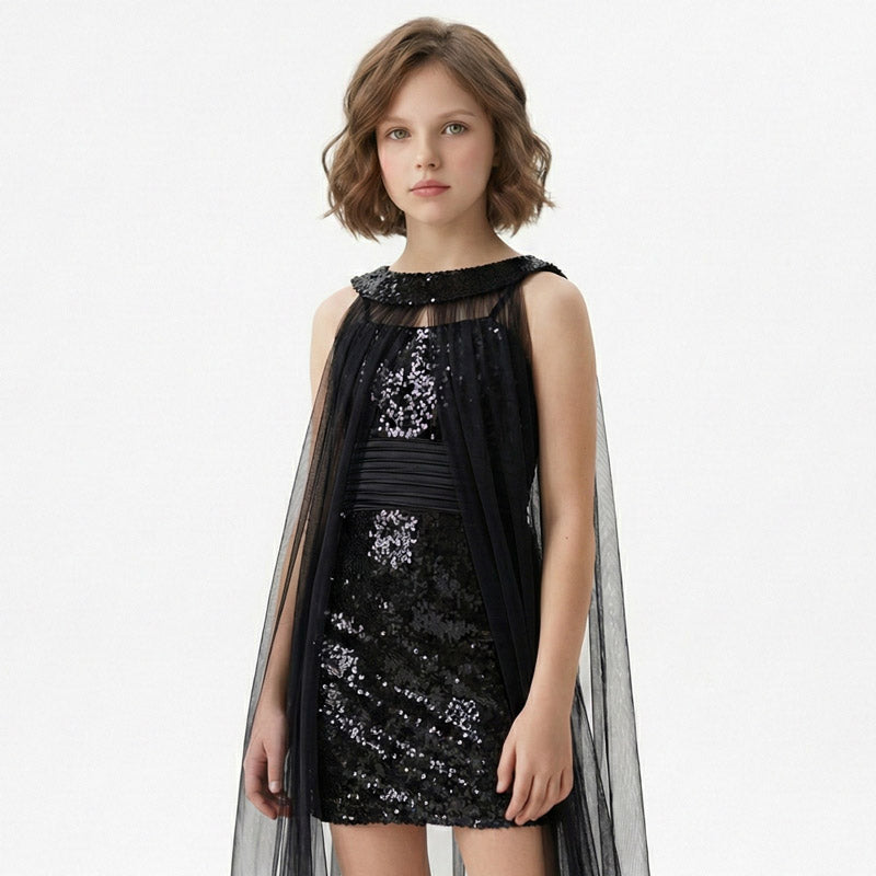 Kız Çocuk Siyah Payet İşlemeli ve Çıkabilir Tül Kuyruklu Mezuniyet Elbisesi 83928