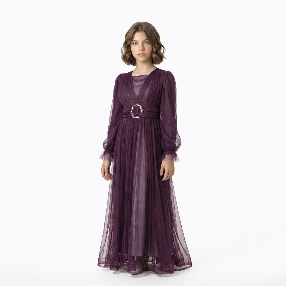 Kız Çocuk Uzun Kollu Saten Tesettür Abiye Elbis