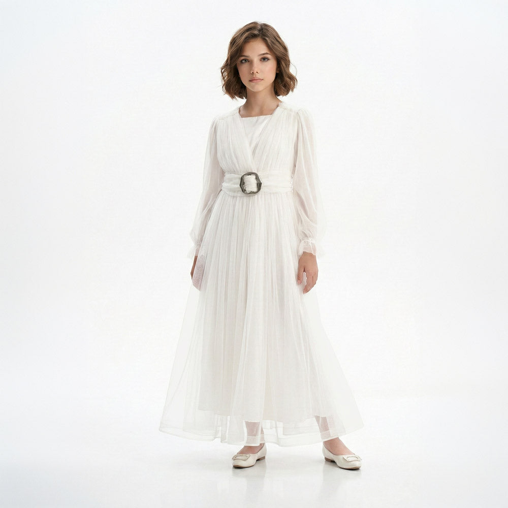 Kız Çocuk Uzun Kollu Saten Tesettür Abiye Elbise 39130