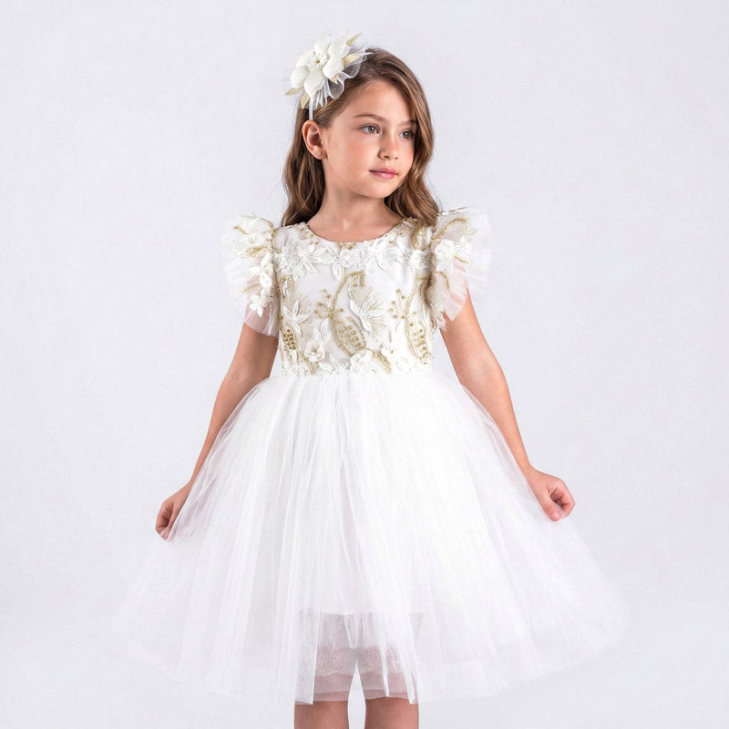 Kız Çocuk Yaprak Nakışlı ve Kabarık Tüllü Prenses Abiye Elbise