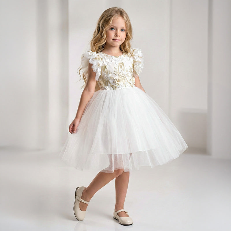 Kız Çocuk Yaprak Nakışlı ve Kabarık Tüllü Prenses Abiye Elbise