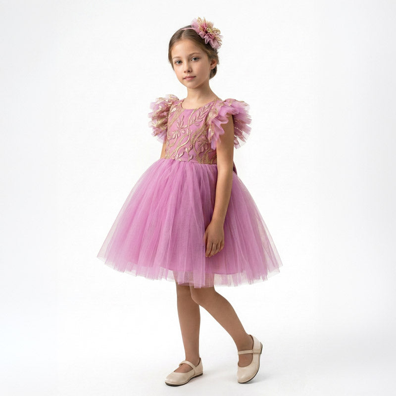 Kız Çocuk Yaprak Nakışlı ve Kabarık Tüllü Prenses Abiye Elbise