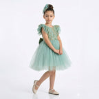 Kız Çocuk Yaprak Nakışlı ve Kabarık Tüllü Prenses Abiye Elbise