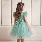 Kız Çocuk Yaprak Nakışlı ve Kabarık Tüllü Prenses Abiye Elbise