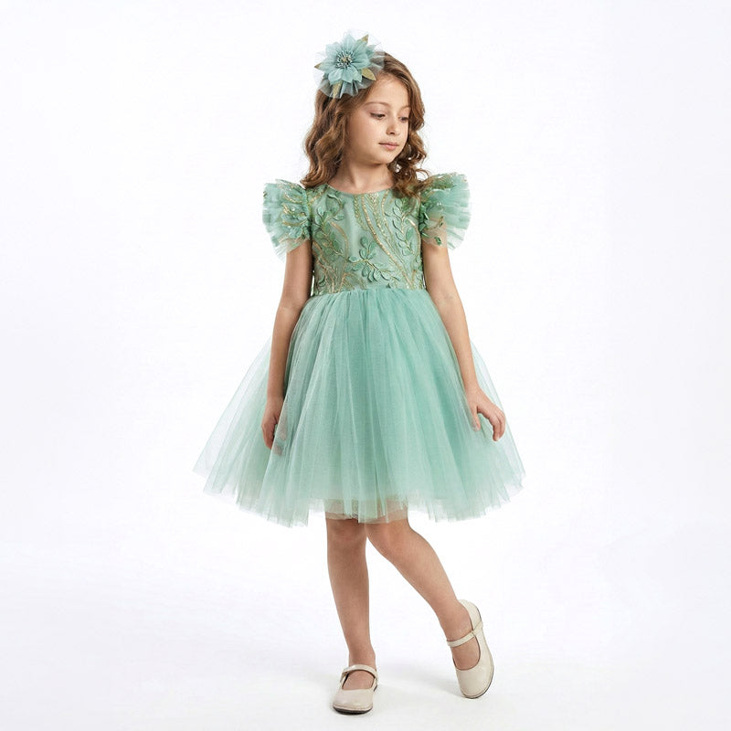 Kız Çocuk Yaprak Nakışlı ve Kabarık Tüllü Prenses Abiye Elbise