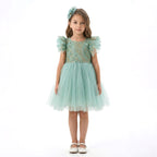 Kız Çocuk Yaprak Nakışlı ve Kabarık Tüllü Prenses Abiye Elbise