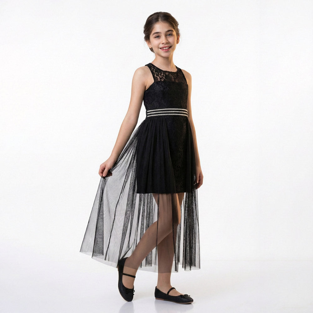 Kız Çocuk İnci Taşlı ve Tüllü Trend Abiye Elbise