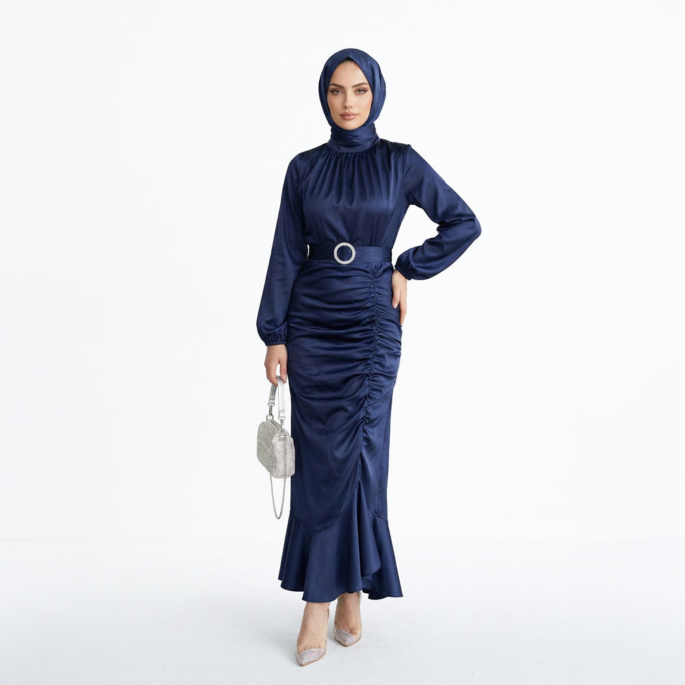 Lacivert Balık Büzgülü Saten Tesettür Abiye Elbise