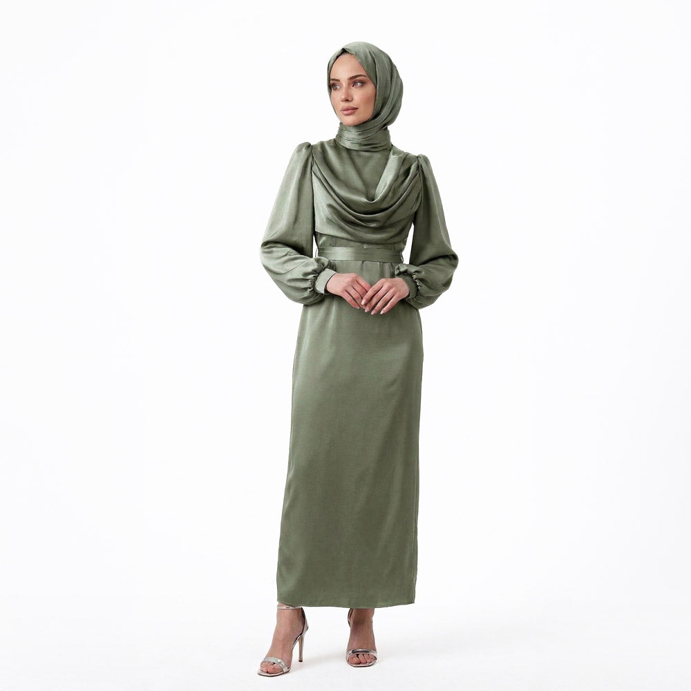 Kadın Degaje Yaka Kemerli Saten Tesettür Abiye 33502