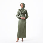 Kadın Degaje Yaka Kemerli Saten Tesettür Abiye 33502