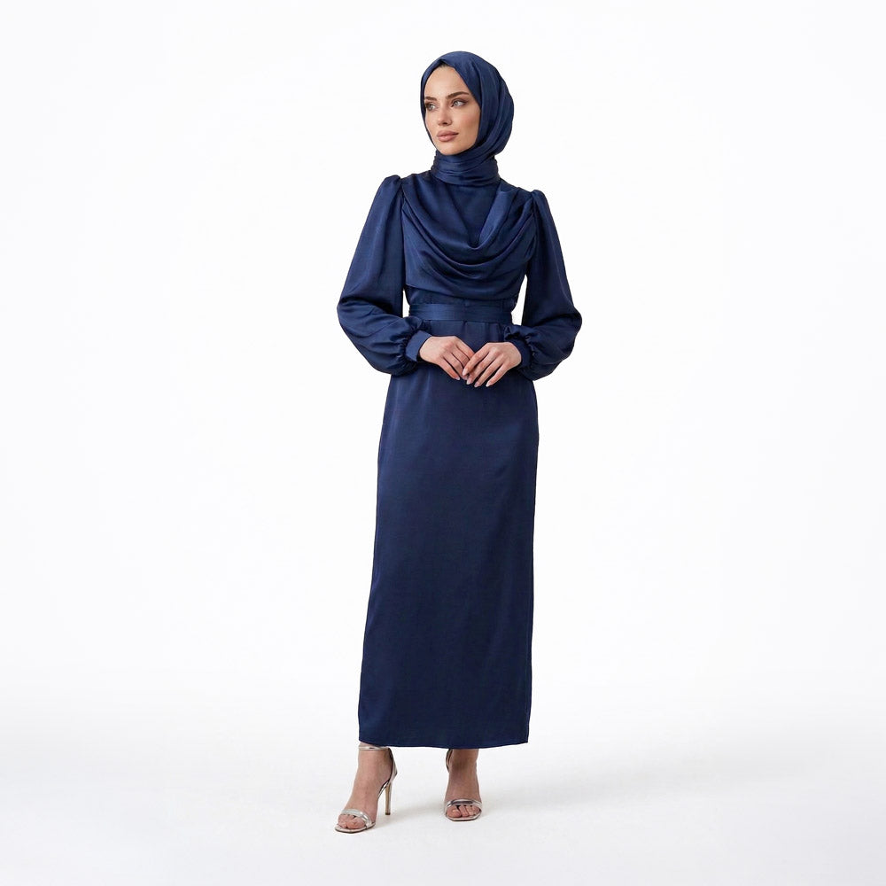 Kadın Degaje Yaka Kemerli Saten Tesettür Abiye 33502