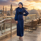 Lacivert Degaje Yaka Kemerli Saten Tesettür Abiye 33502