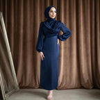 Lacivert Degaje Yaka Kemerli Saten Tesettür Abiye 33502