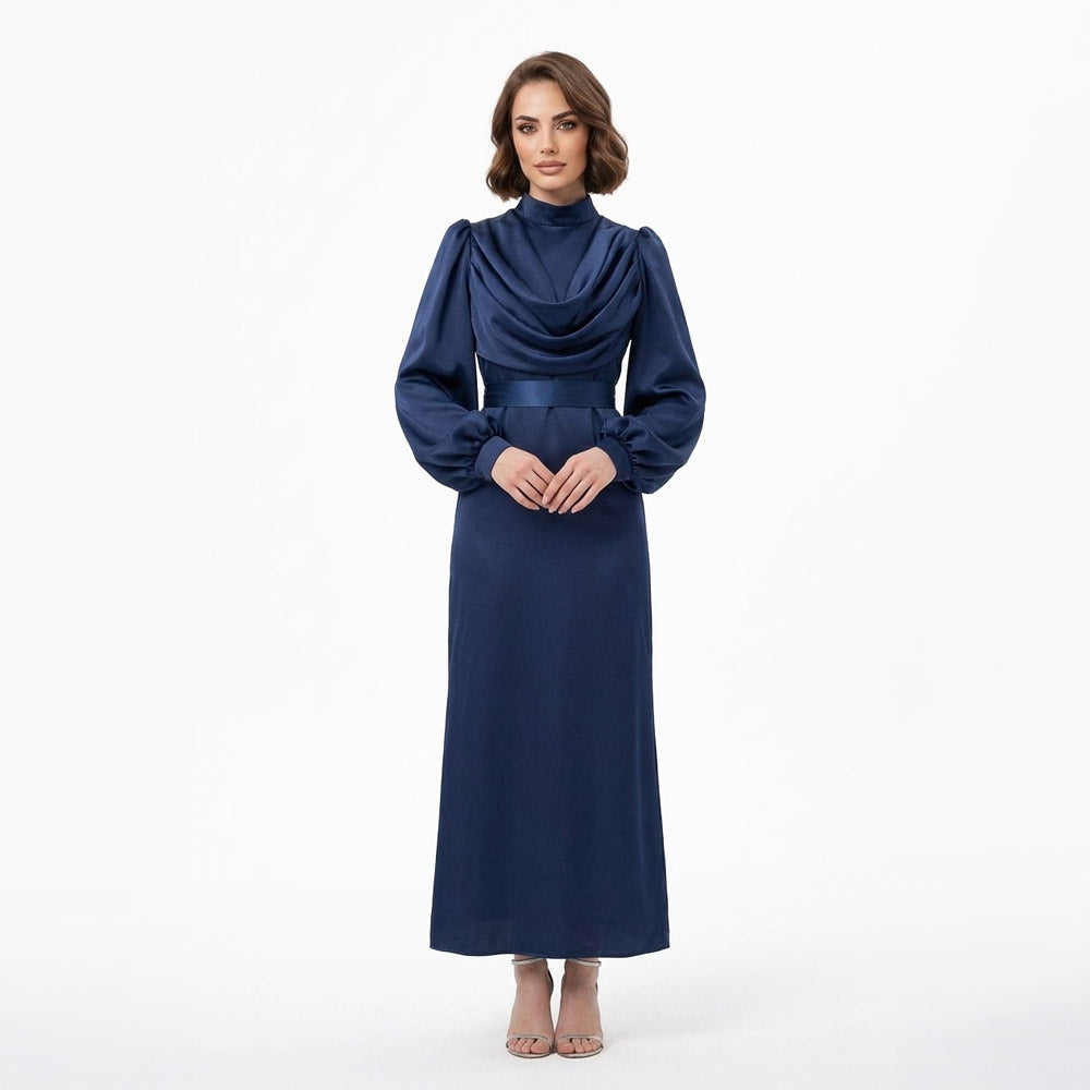 Lacivert Degaje Yaka Kemerli Saten Tesettür Abiye 33502
