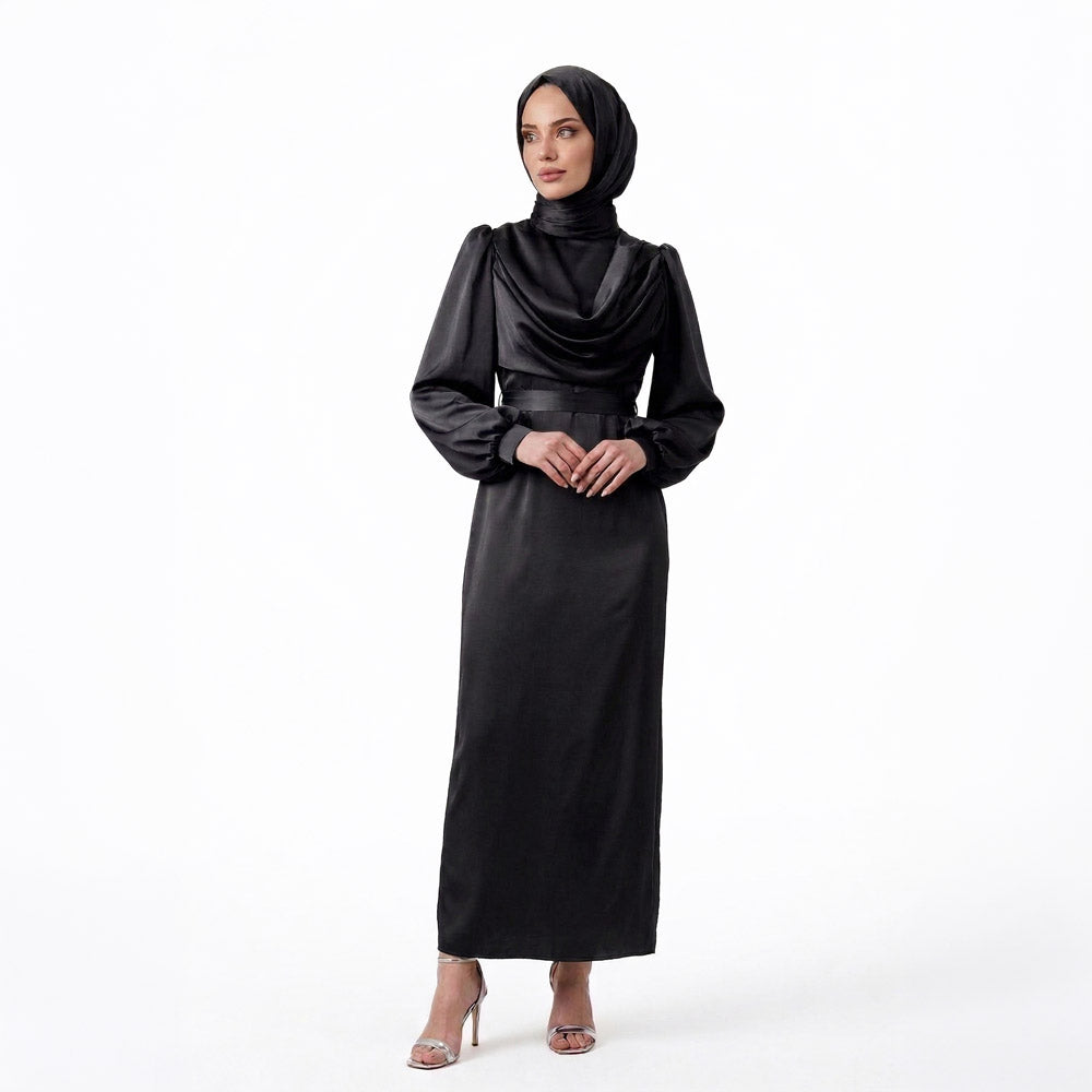 Kadın Degaje Yaka Kemerli Saten Tesettür Abiye 33502