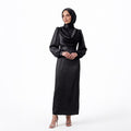 Kadın Siyah Degaje Yaka Kemerli Saten Tesettür Abiye