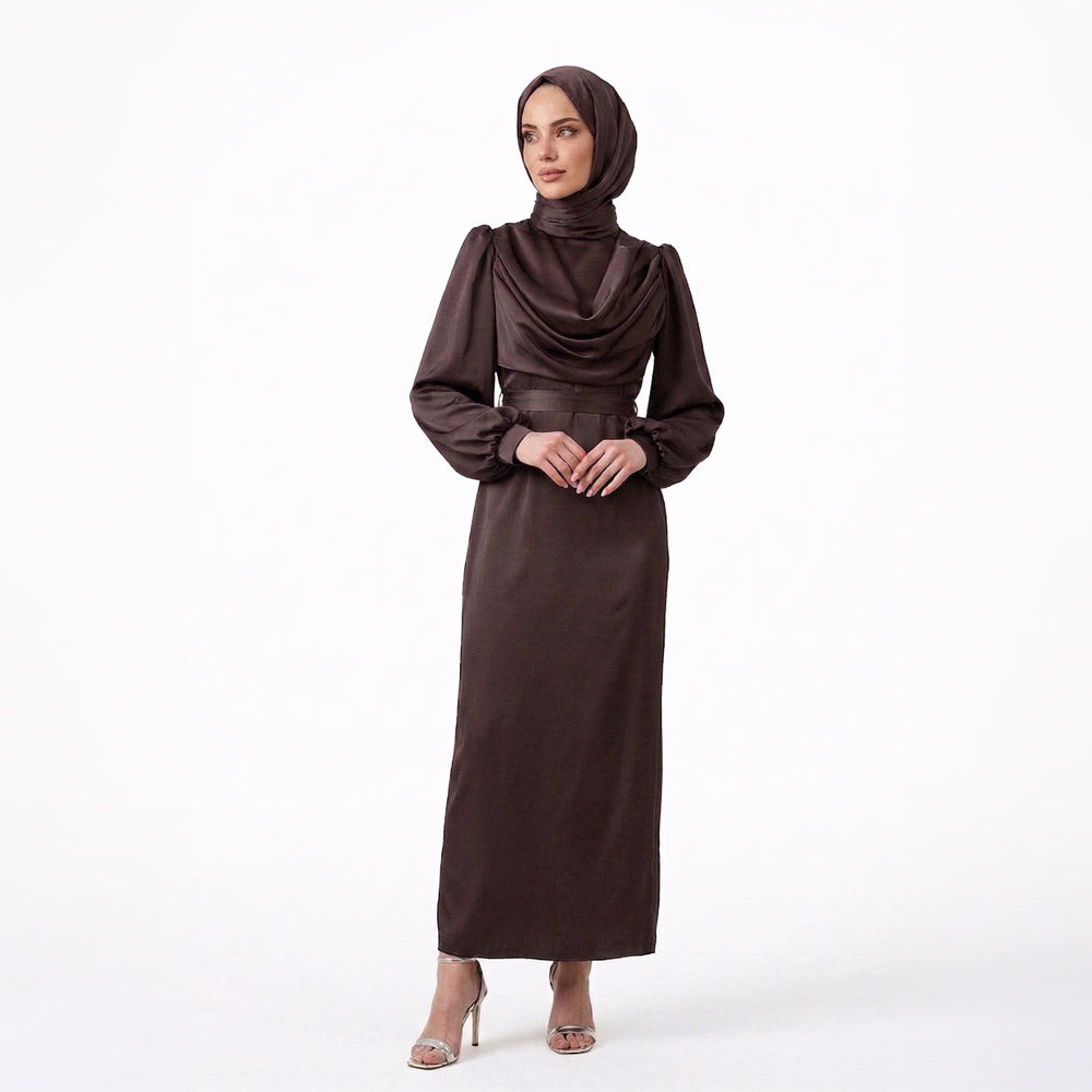 Kadın Degaje Yaka Kemerli Saten Tesettür Abiye 33502