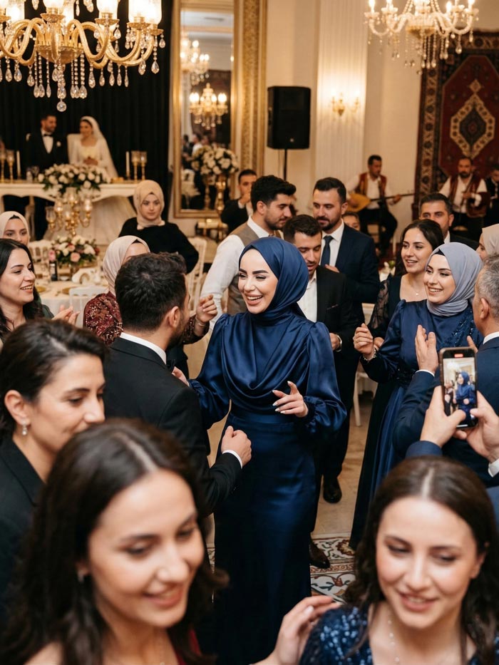 Lacivert Degaje Yaka Kemerli Saten Tesettür Abiye 33502