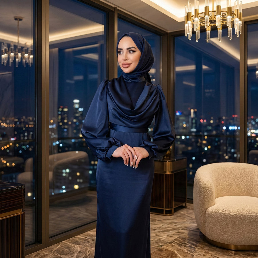 Lacivert Degaje Yaka Kemerli Saten Tesettür Abiye 33502