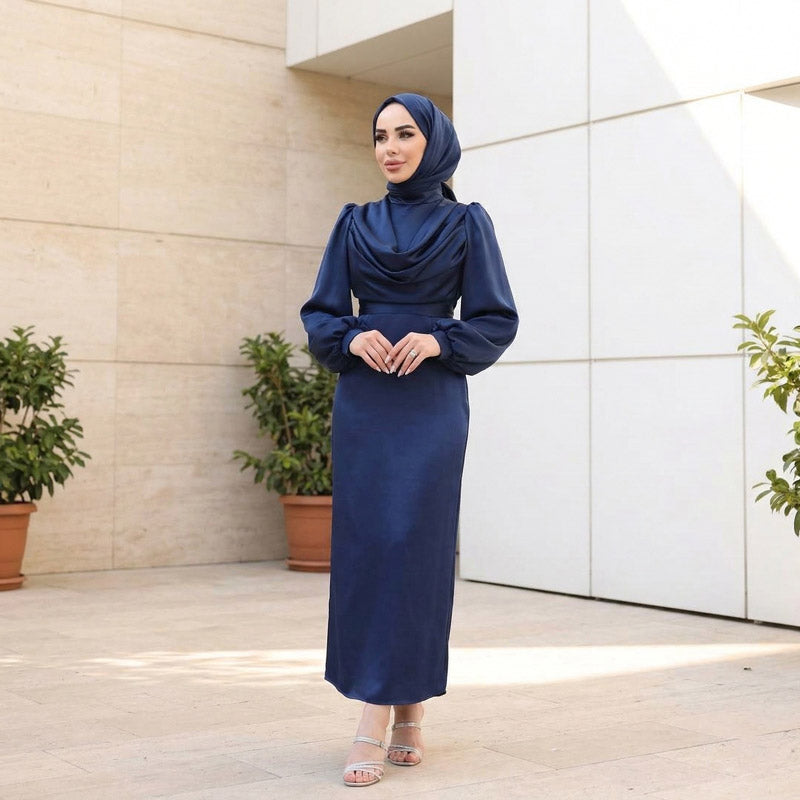 Lacivert Degaje Yaka Kemerli Saten Tesettür Abiye 33502