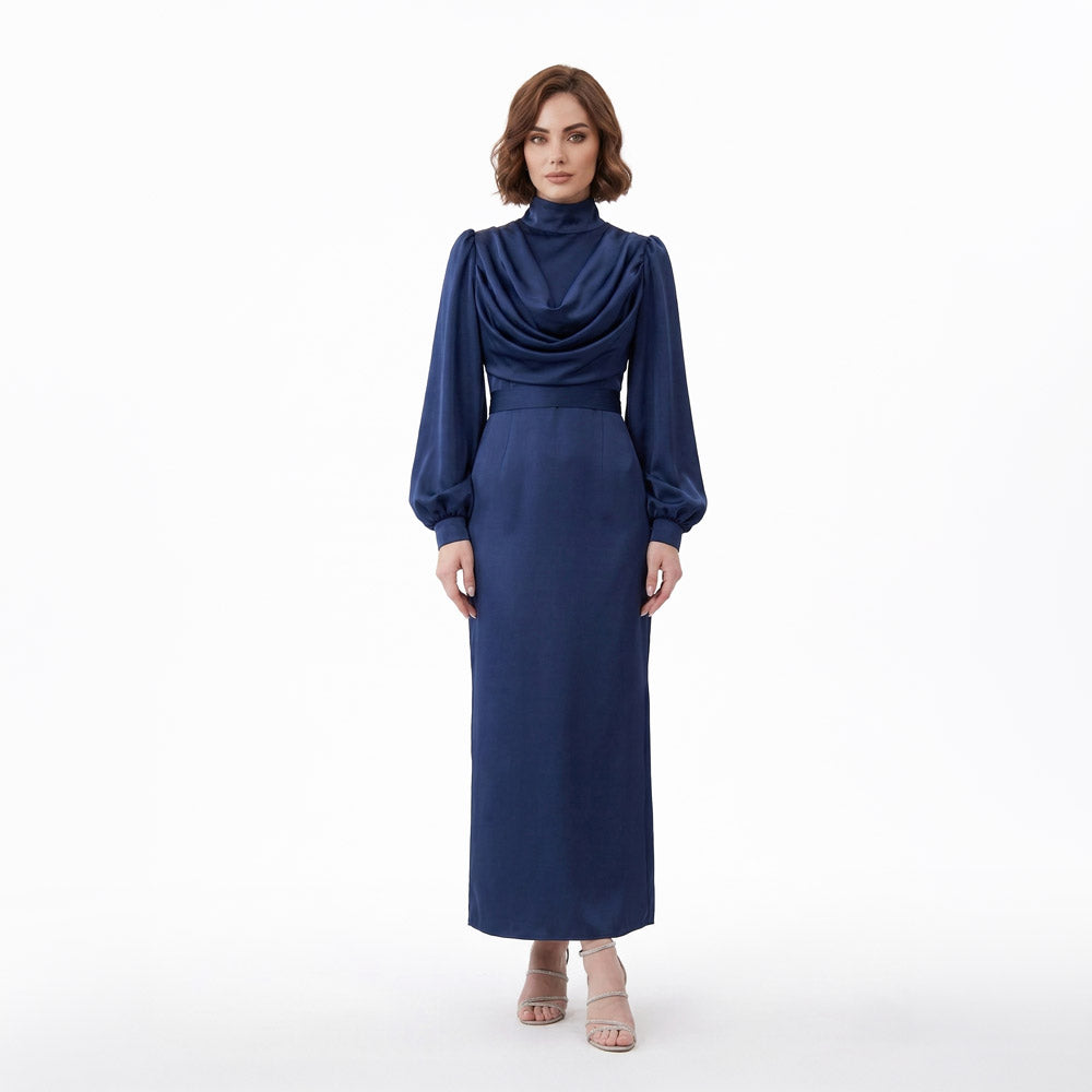 Lacivert Degaje Yaka Kemerli Saten Tesettür Abiye 33502