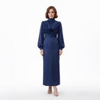 Lacivert Degaje Yaka Kemerli Saten Tesettür Abiye 33502