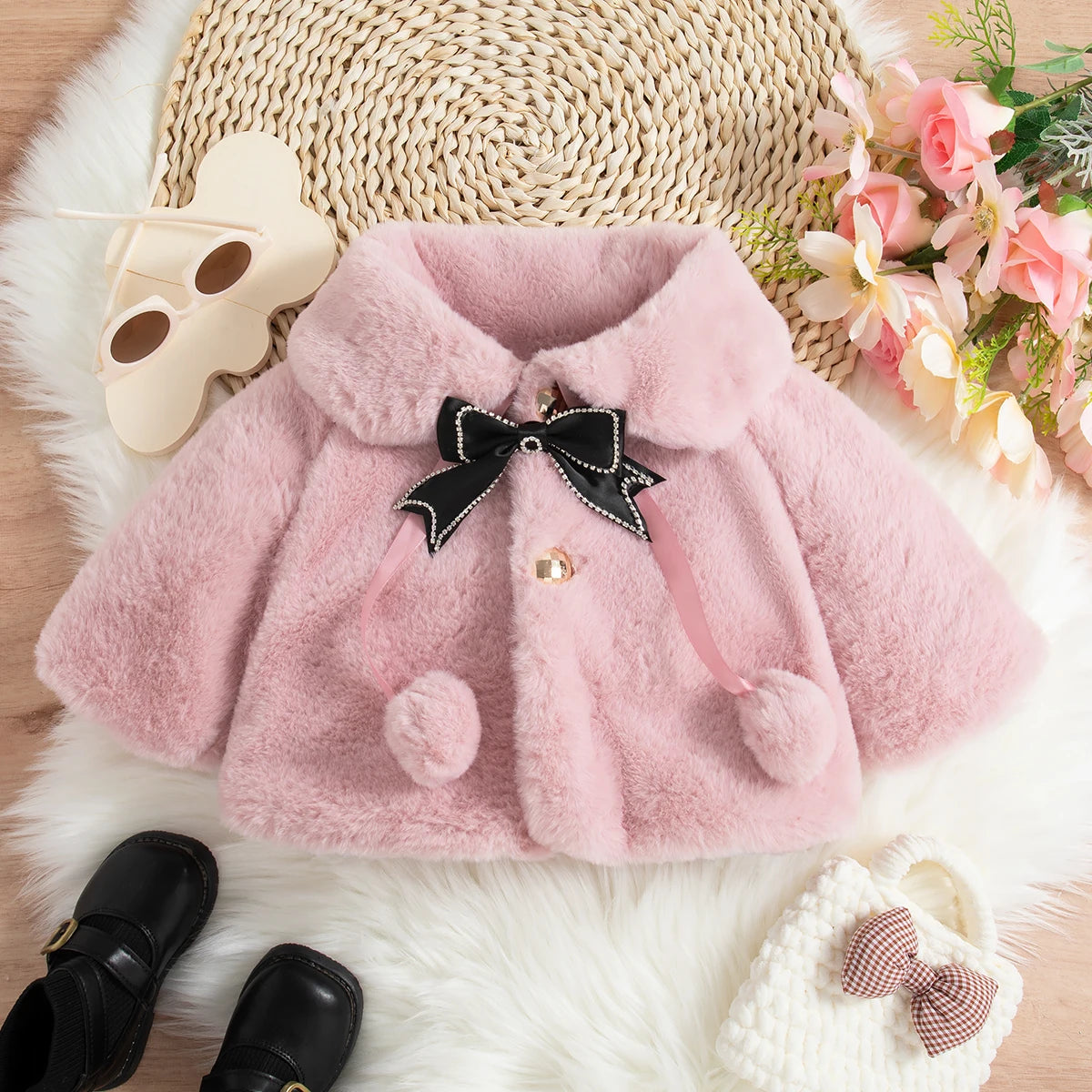 Pelüş Fiyonk Detaylı Bebek Kız Kürk Montu (0-2 Yaş)  35866