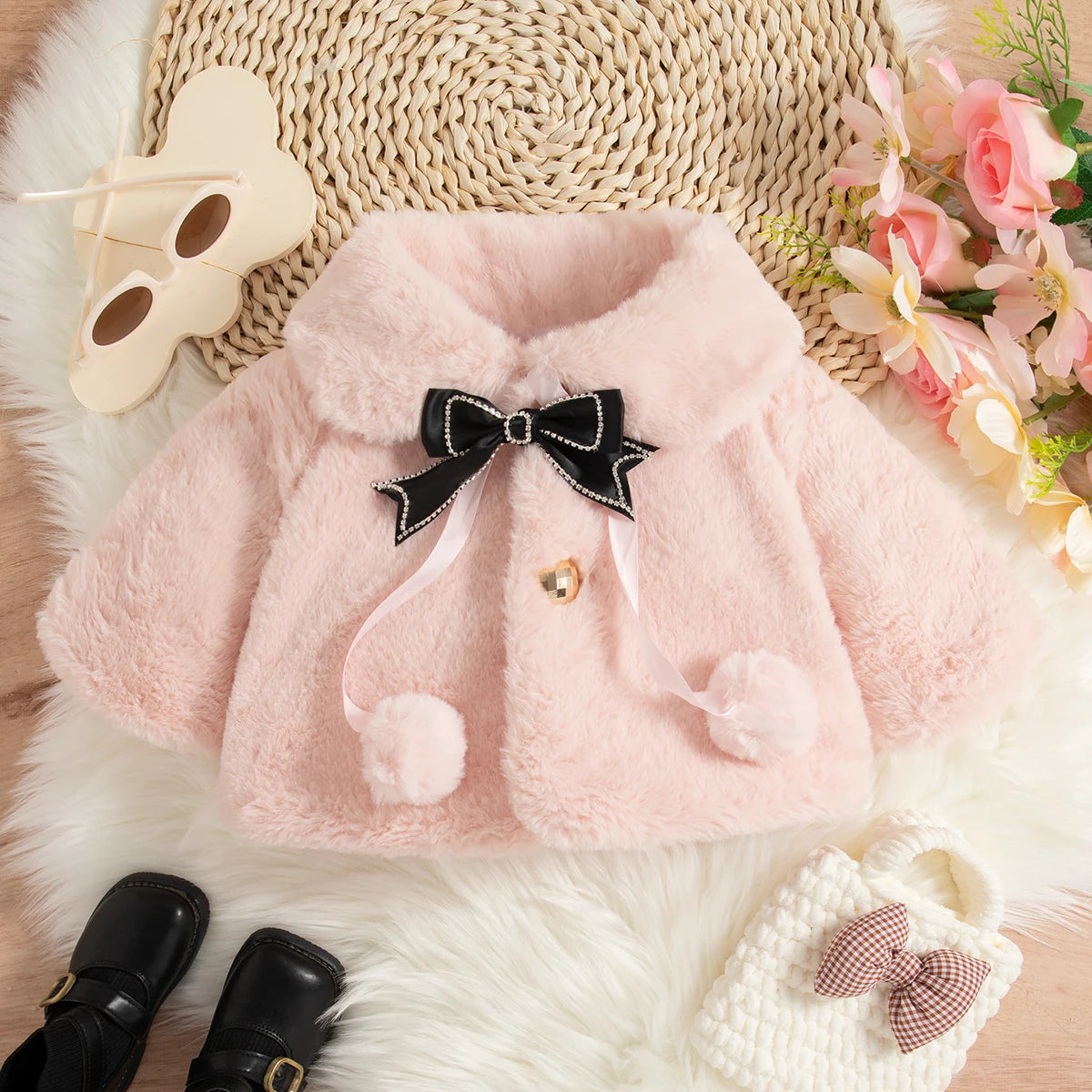 Pelüş Fiyonk Detaylı Bebek Kız Kürk Montu (0-2 Yaş)  35866