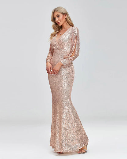 Sequined Double Breasted Fishnet Long Evening Dress 91392921