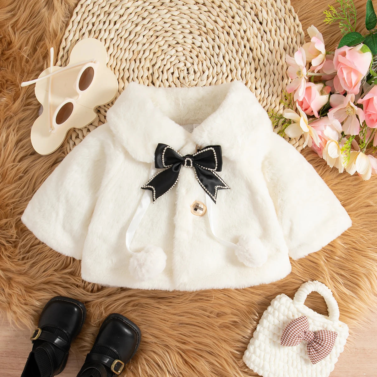 Pelüş Fiyonk Detaylı Bebek Kız Kürk Montu (0-2 Yaş)  35866