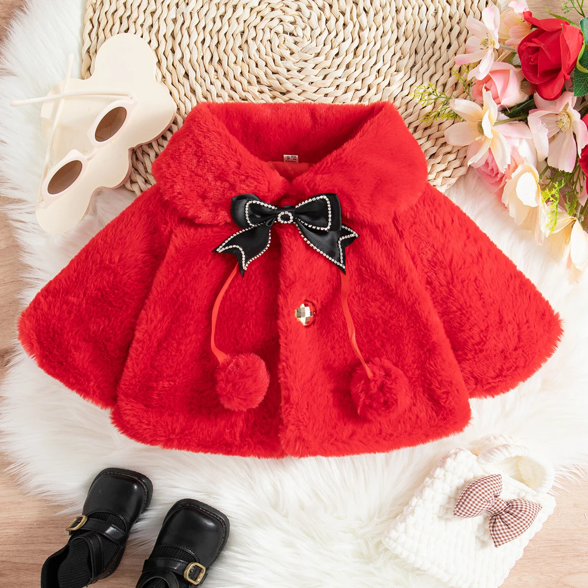 Pelüş Fiyonk Detaylı Bebek Kız Kürk Montu (0-2 Yaş)  35866