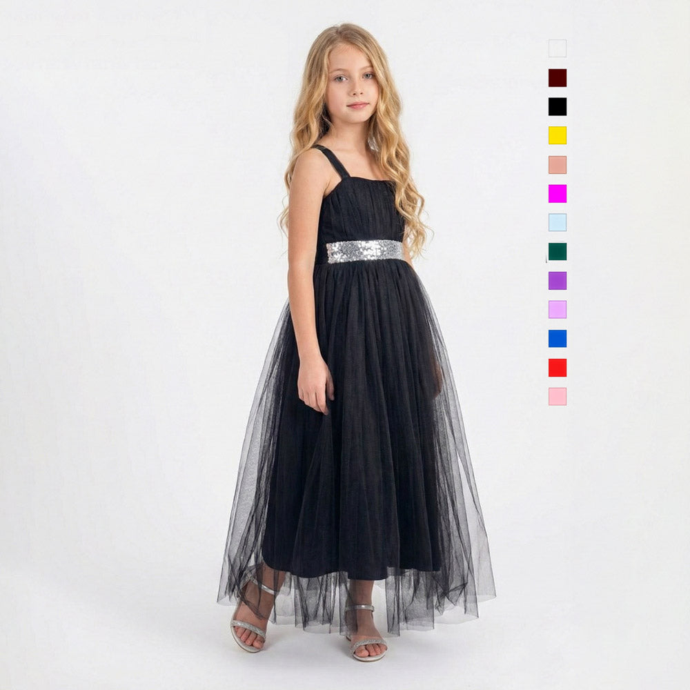 Kız Çocuk Sırtı Gipeli Tütü Etekli Payet Kemerli Uzun Abiye Elbise 74429