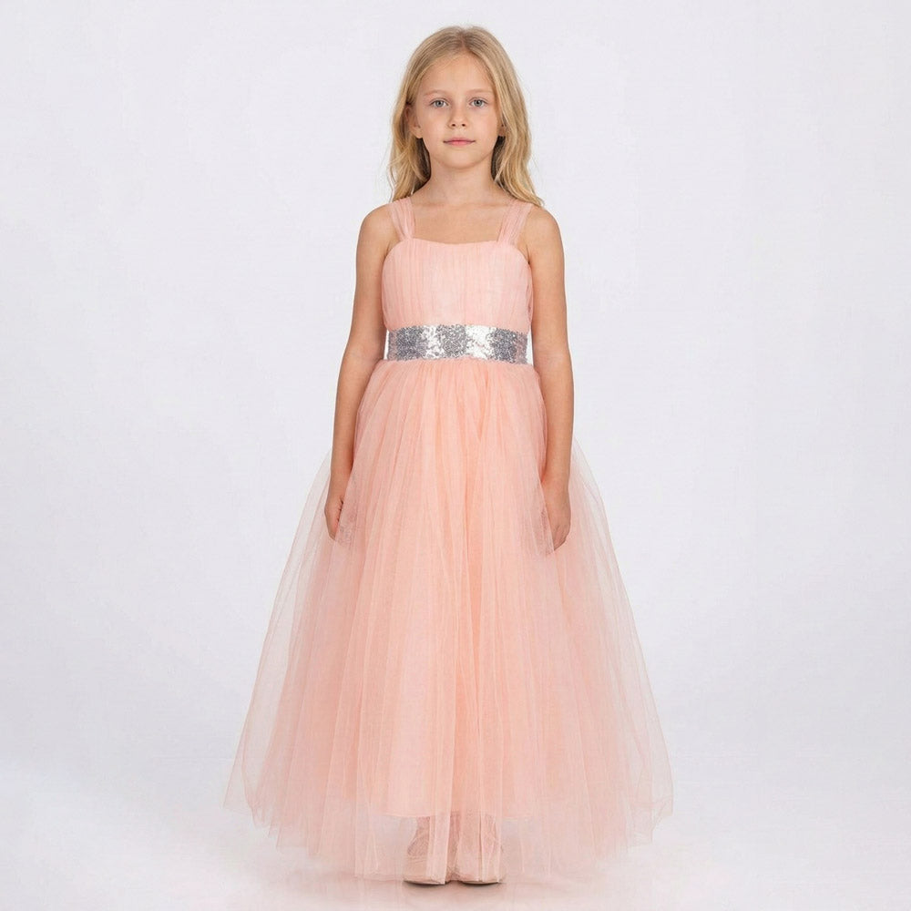 Kız Çocuk Sırtı Gipeli Tütü Etekli Payet Kemerli Uzun Abiye Elbise 74429