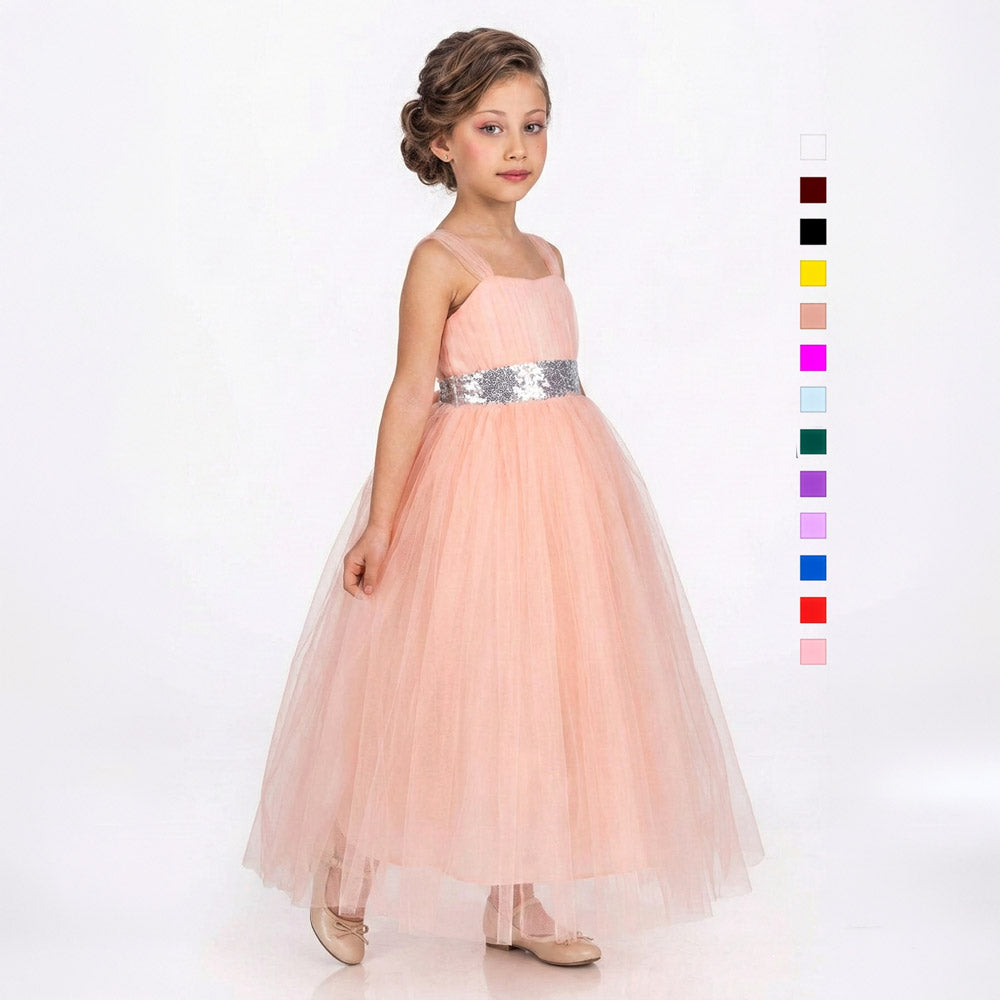 Kız Çocuk Sırtı Gipeli Tütü Etekli Payet Kemerli Uzun Abiye Elbise 74429