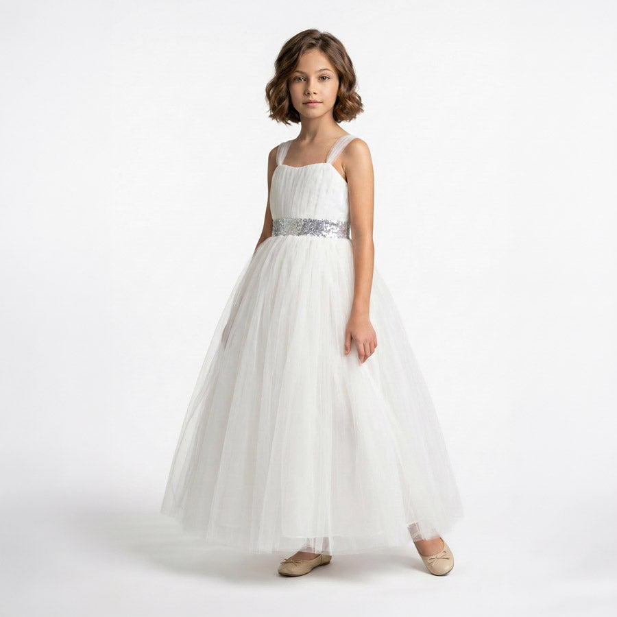 Kız Çocuk Sırtı Gipeli Tütü Etekli Payet Kemerli Uzun Abiye Elbise 74429