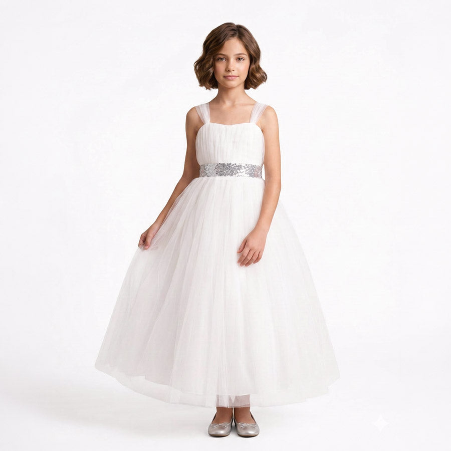 Kız Çocuk Sırtı Gipeli Tütü Etekli Payet Kemerli Uzun Abiye Elbise 74429