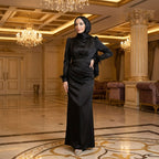 Kadın Siyah Saten ve Kolları Püsküllü Tesettür Abiye Elbise 95223