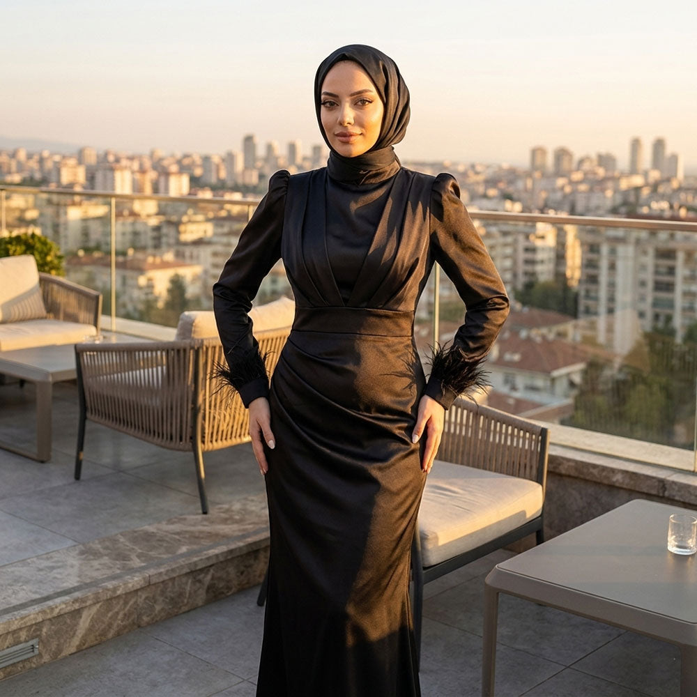 Kadın Saten ve Kolları Püsküllü Tesettür Abiye Elbise 95223