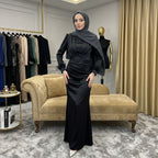 Kadın Saten ve Kolları Püsküllü Tesettür Abiye Elbise 95223