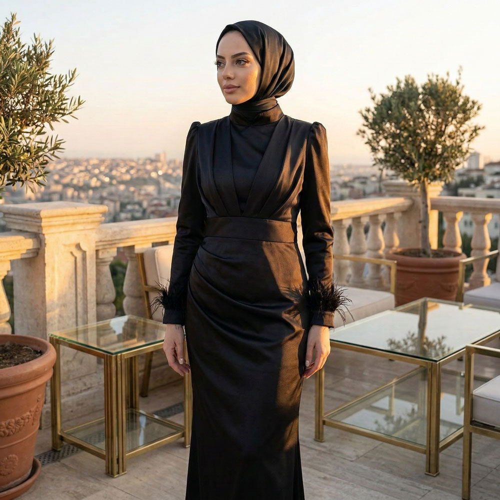 Kadın Saten ve Kolları Püsküllü Tesettür Abiye Elbise 95223