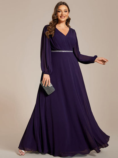 Uzun Şifon Abiye Elbise V-Yaka Pullu Düğün Elbisesi 95916