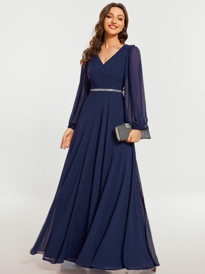 Uzun Şifon Abiye Elbise V-Yaka Pullu Düğün Elbisesi